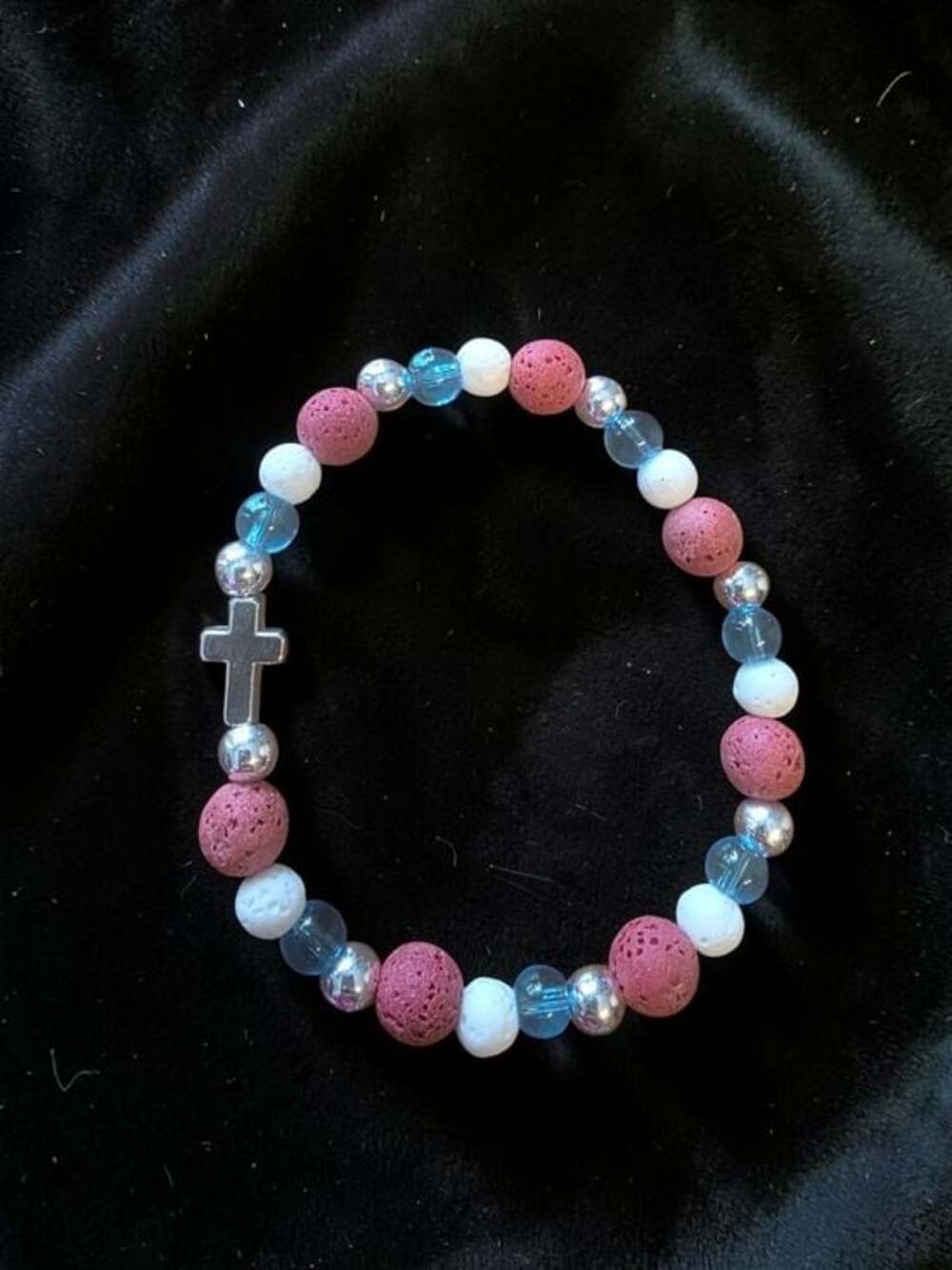 Handmade Red White Blue Lava Stone Cross Bead Bracelet